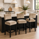 Cream Velvet Upholstered Bar Stool Black Wood Counter Height Chair 28" Seat Set of 3