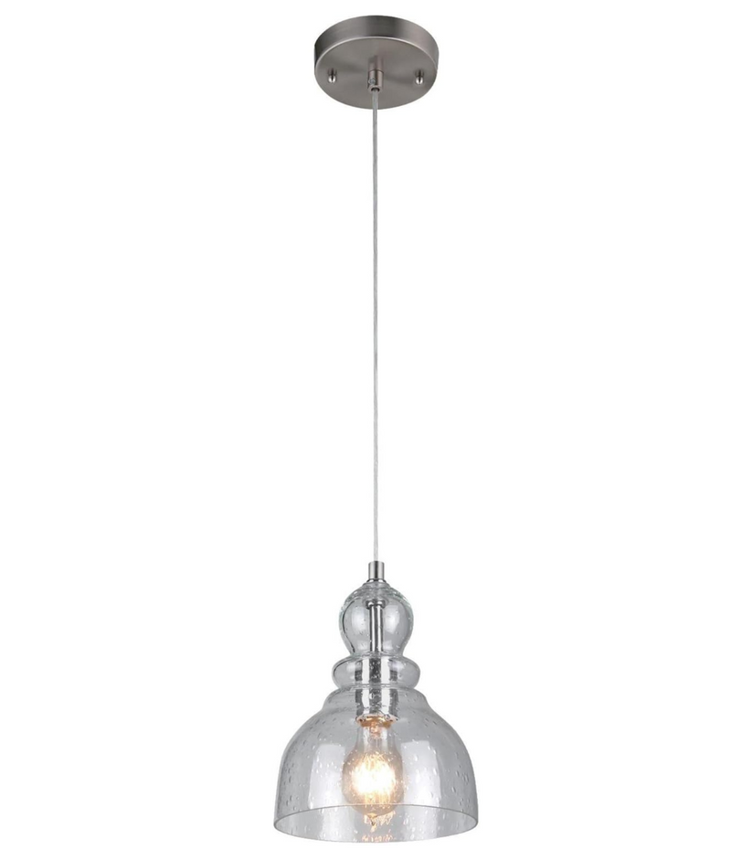 1-Light Brushed Nickel Adjustable Mini Pendant with Hand-Blown Clear Seeded Glass