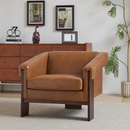 Brown Faux Leather Mid-Century Modern Accent Armchair – Wood Frame