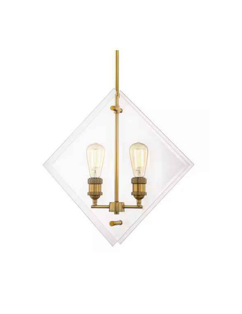 20 in. 2-Light Aged Brass Pendant Beveled Glass Panels Vintage Bulbs Included