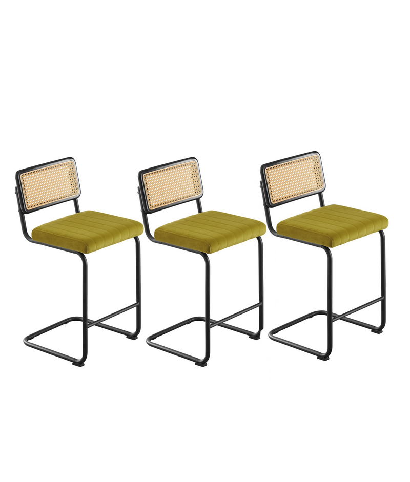 Lucky Monet Velvet Upholstered Bar/Counter Stools with Rattan Backrest Set of 3