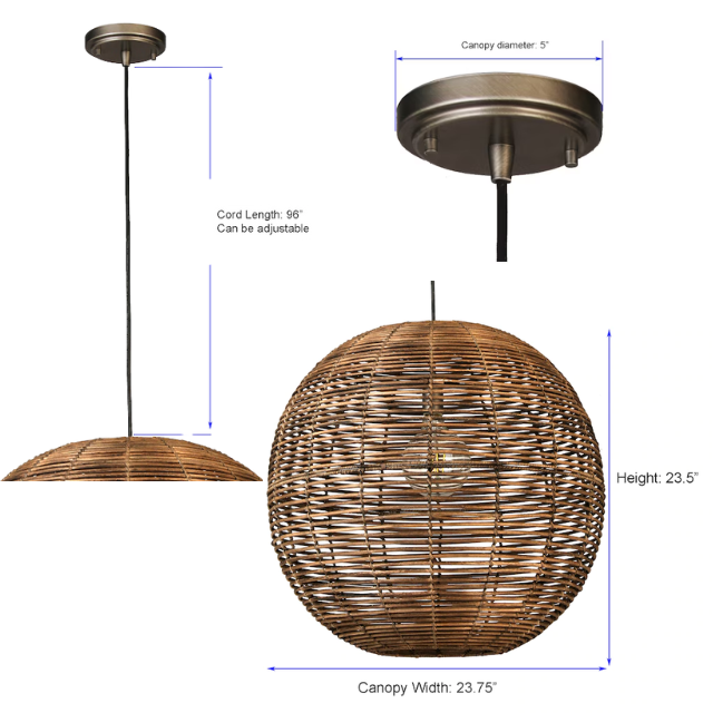 allen + roth Cleo Raw Iron Canopy with Dark Natural Rattan Shade Traditional Globe Pendant Light