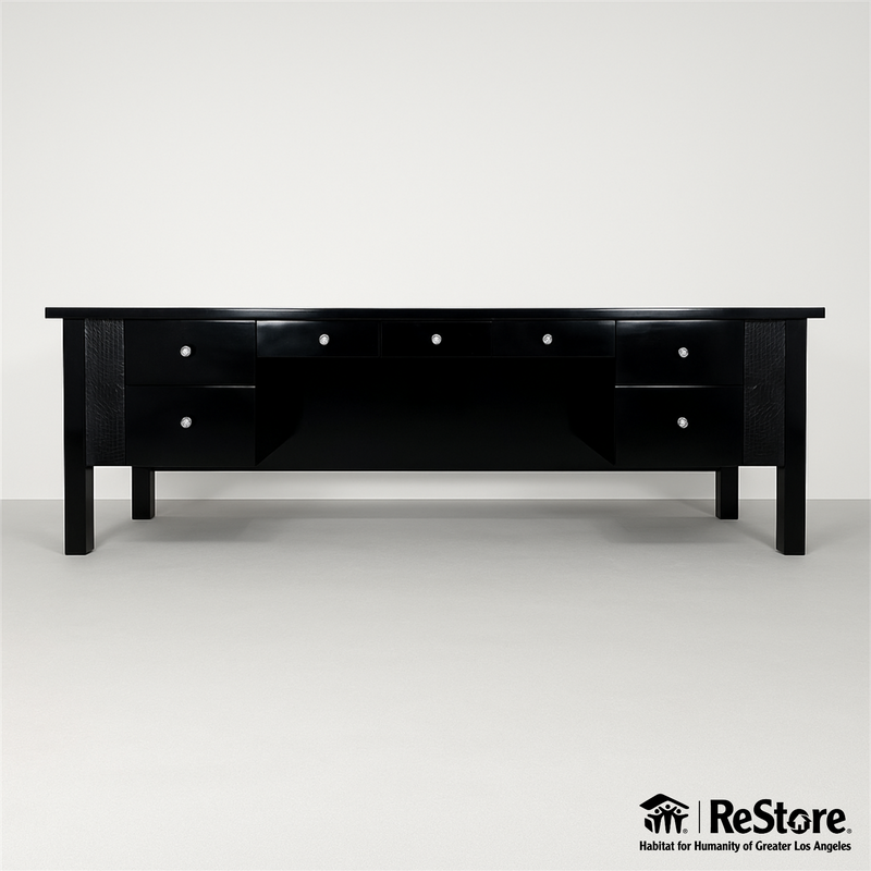 Black Lacquer Executive Desk with Crocodile Leather and Crystal Drawer Pulls
