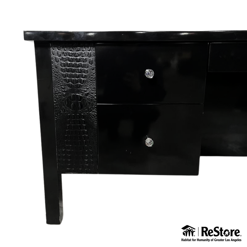 Black Lacquer Executive Desk with Crocodile Leather and Crystal Drawer Pulls