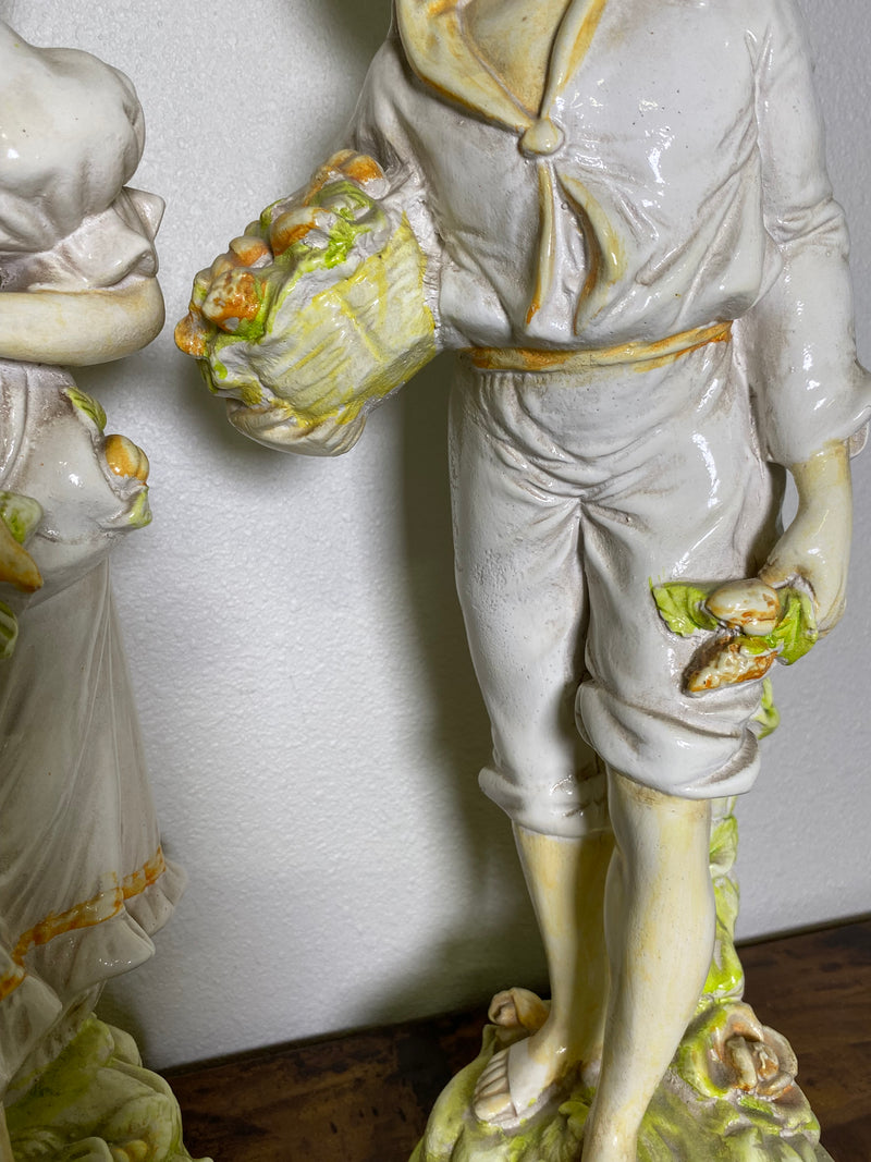 Pair of Antique Ceramic Figures - Peach Harvest