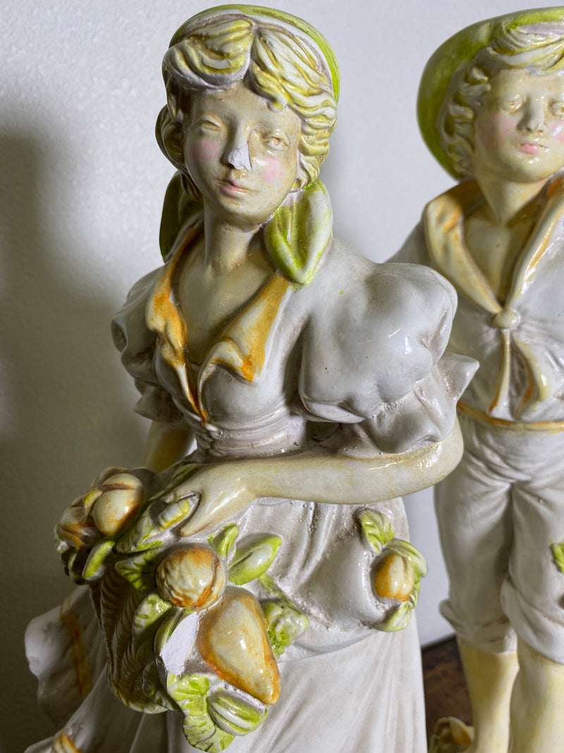 Pair of Antique Ceramic Figures - Peach Harvest