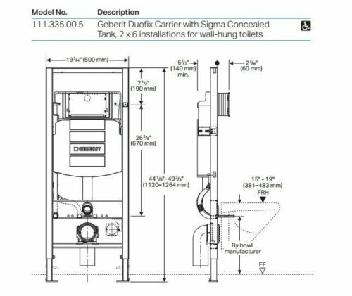 Geberit Tank & Carrier for wall-hung toilet, 120 cm, w/ Sigma concealed cistern 8 cm, 6 / 3 liters
